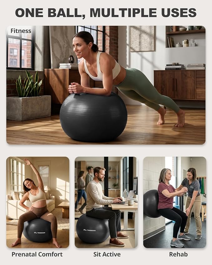 Trideer Yoga Ball for Exercise, Pilates, Core & Balance Training, Stability Ball for Pregnancy & Birthing Prep, Physical Therapy, Daily Stretching, Office Chair for Active Sitting, Quick Pump Included