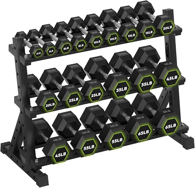 HANDBODE Dumbbell Set with Rack, Rubber Coated Fixed Dumbbells 390-790 lbs | Heavy Duty Hexagonal Weights, Non-Roll Hexagon Shape for Stability, Home Gym Strength Training Equipment