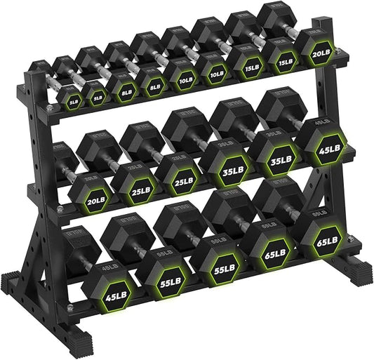 HANDBODE Dumbbell Set with Rack, Rubber Coated Fixed Dumbbells 390-790 lbs | Heavy Duty Hexagonal Weights, Non-Roll Hexagon Shape for Stability, Home Gym Strength Training Equipment