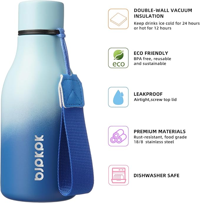 BJPKPK 12oz Insulated Water Bottle, Stainless Steel Bottle with Carry Strap | Keep Cold & Hot Vacuum Insulation, Leak-Proof BPA-Free Design, Slim Bottle Fits Most Cup Holders for Gym, Office & Travel