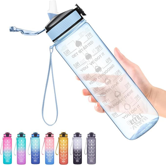 Hyeta Water Bottle with Straw & Time Marker, Plastic 32oz Leakproof | Motivational Tritan BPA Free Gym Office Outdoor Intake Tracker Hourly Reminder Straw Lid Carry Strap