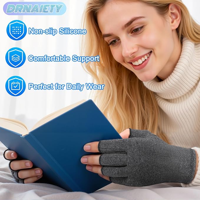 DRNAIETY 2 Pairs Arthritis Compression Gloves- for Hand Arthritis, Carpal Tunnel Pain, Rheumatoid Arthritis, RSI, Fingerless, Anti-Slip, Breathable Gloves for Men & Women, Typing, Daily Use(XL, Gray)