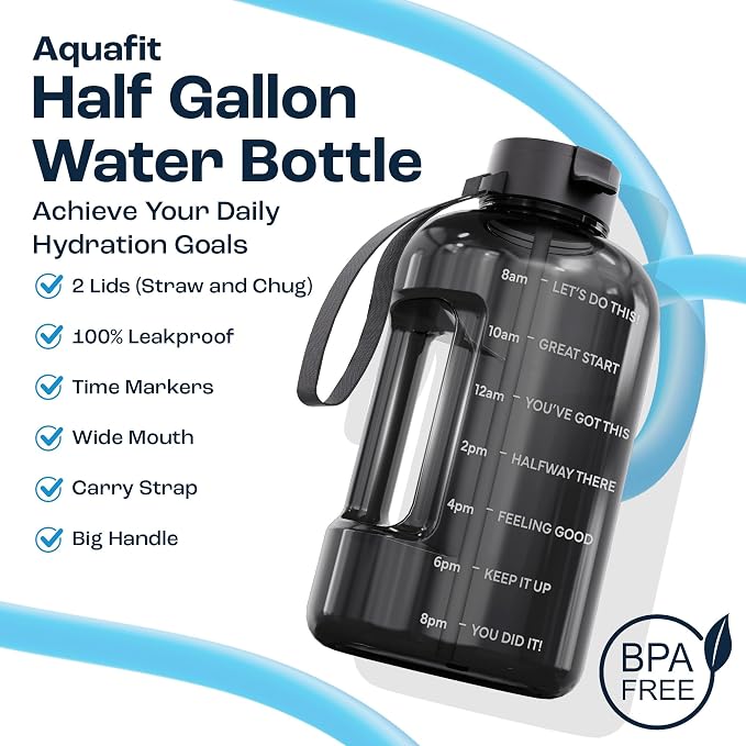 AQUAFIT Half Gallon Water Bottle with Motivational Quotes | BPA Free 64 oz Water Bottle with Straw and Chug Lids - Leakproof Gym Water Bottle with Carry Handle (Midnight Gray)