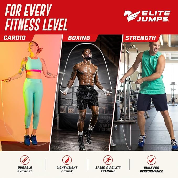 Elite Jumps 6mm PVC Jump Rope, Adjustable Skipping Rope | Non-kinking PVC cord. Unbreakable handles. Smooth rotation. For cardio and boxing.