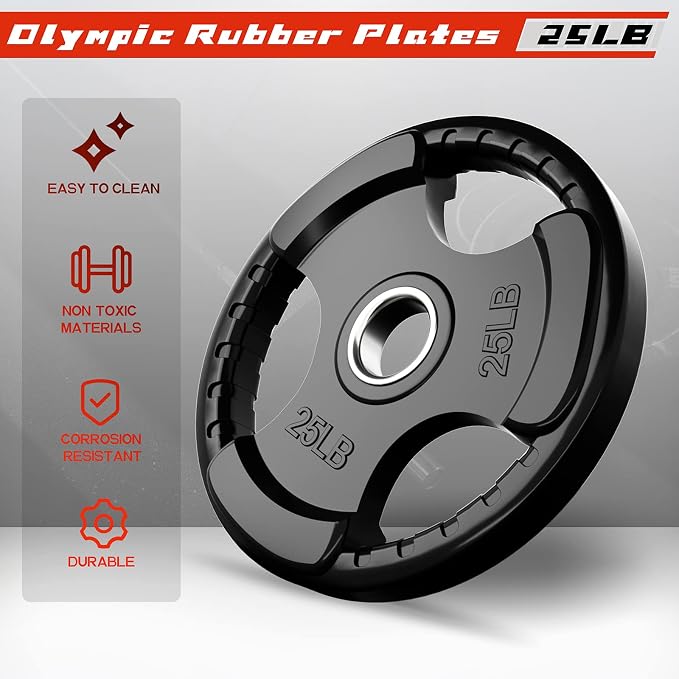RitFit Olympic Rubber Grip Weight Plates, 2-Inch Barbell Set | Solid Iron Core, Rubber Coated, 2-Inch Olympic Bar Compatible, 3-Hole Grip, 2.5LB to 45LB Weight Options