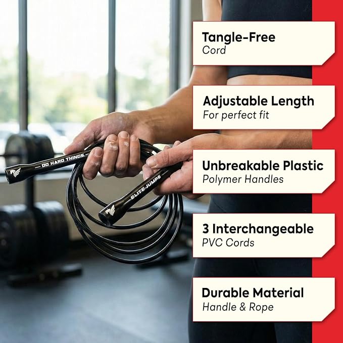 Elite Jumps 6mm PVC Jump Rope, Adjustable Skipping Rope | Non-kinking PVC cord. Unbreakable handles. Smooth rotation. For cardio and boxing.