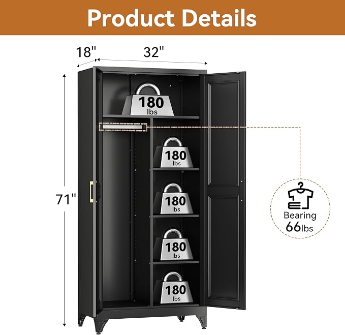Polup Metal Armoire Wardrobe Closet, 71" Tall Wardrobe Cabinet with 2 Doors | Heavy Duty Steel Clothing Storage Cabinet with Hanging Rod & 3 Adjustable Shelves for Bedroom, Office, Broom Closet, Black