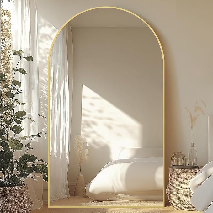 MirrMuse Oversized Arched Full Length Mirror with Stand, 76"X44", Gold | Tempered Glass, Free Standing, for Bedroom Living Room Clothing Store Gym, Aluminum Alloy Frame, Hanging or Leaning