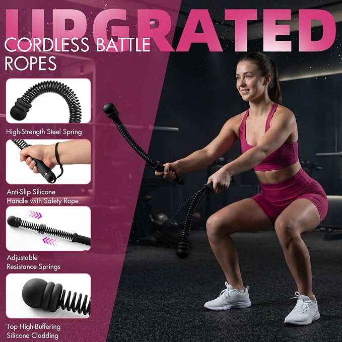 Chillchard Battle Ropes for Home Gym, Weighted Ropeless Battle Ropes | Cordless Battle Ropes with Adjustable Resistance Springs, Portable Home Workout Equipment for HIIT Cardio & Strength Training