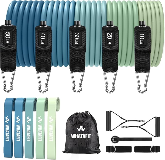 WHATAFIT Resistance Bands with Handles, 5-Level Exercise Bands for Workout | Natural latex,10-50 lbs, stackable to 150,Ankle Straps, Door Anchor,Guide. For Strength, Yoga,Home Gym,Travel & Workout.