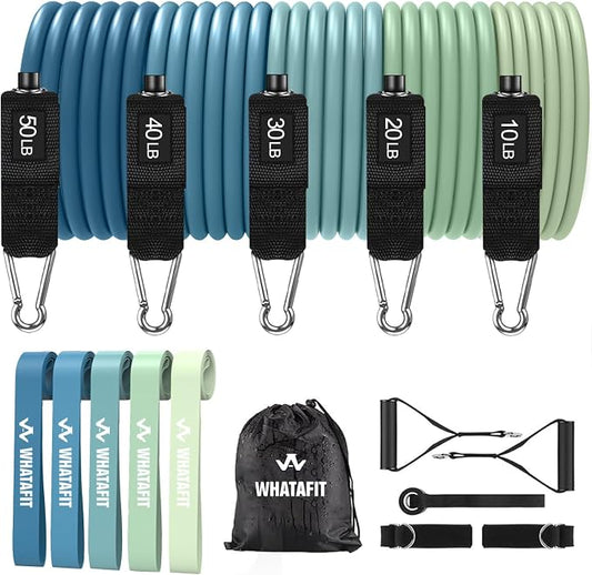 WHATAFIT Resistance Bands with Handles, 5-Level Exercise Bands for Workout | Natural latex,10-50 lbs, stackable to 150,Ankle Straps, Door Anchor,Guide. For Strength, Yoga,Home Gym,Travel & Workout.