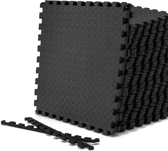 Tangkula 48 Tiles Exercise Flooring With Border, Non-Slip EVA Foam Protective Mats, Elastic Puzzle Play, 1/2" Interlocking Floor for Home Gym, Fitness Room, Workshop Equipment (Black)