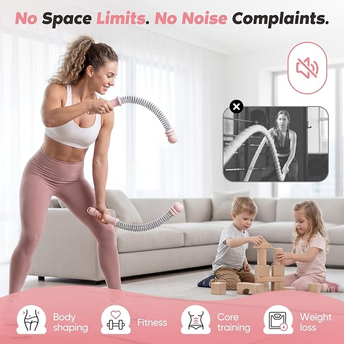 KUZARO Upgrade Weighted Ropeless Battle Ropes for Women, Quiet Adjustable Cordless Battle Ropes for Home Gym HIIT Cardio & Strength Training, Portable Exercise Rope for Arm & Core, Apartment Gear
