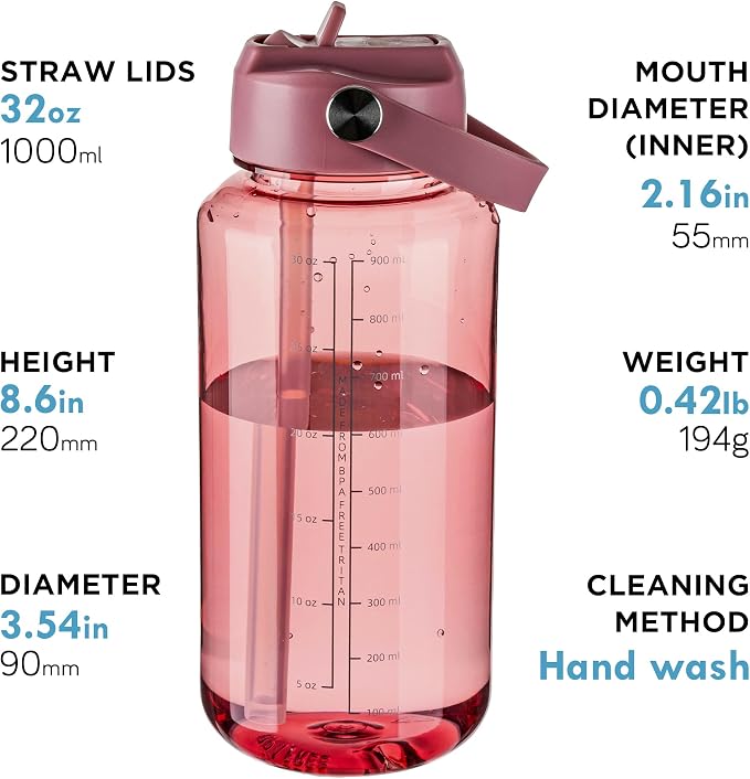 OLDLEY 32oz Water Bottle with Straw, Leakproof Tritan Clear Bottle with Marked Bottle and Carry Handle, BPA-Free Wide Mouth Reusable Sports Water Bottle for Gym,Hiking, Camping,Travel,Workout,Red