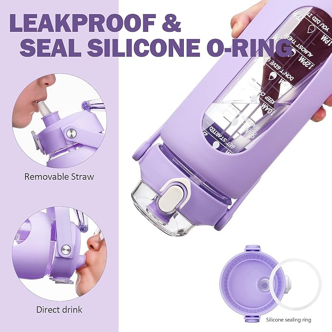 56oz Glass Water Bottles with Straw, Motivational Glass Bottle with Silicone Sleeve and Time Marker, Leakproof Large Glass Water Jug for Gym Home Office,Purple