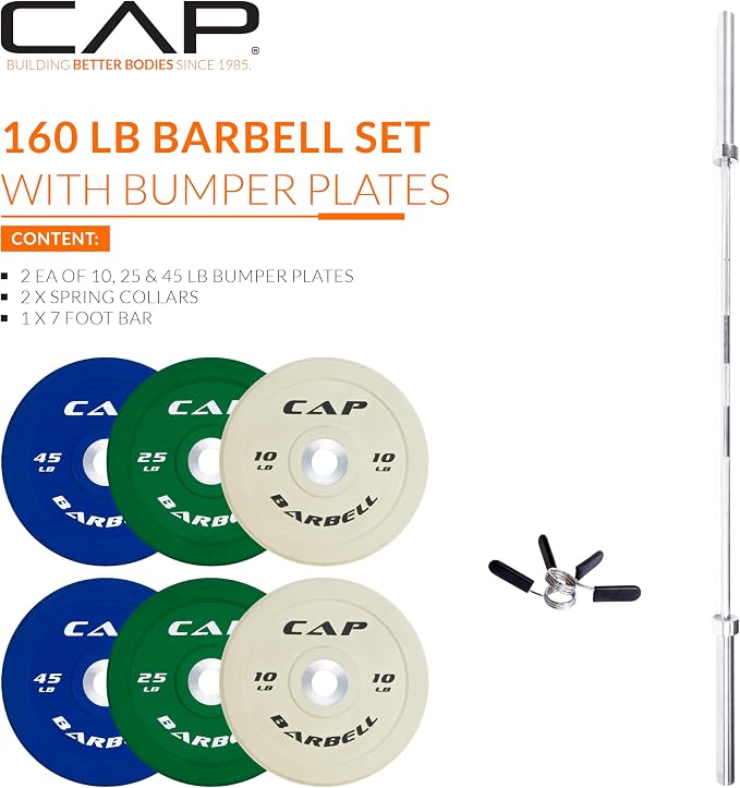 CAP Barbell Olympic Weight Set with 7ft Barbell & Bumper Plates | 160-370 lbs | Multiple Options