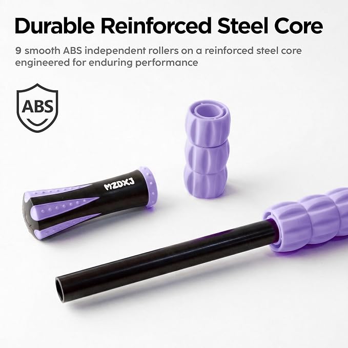 Muscle Roller & Massage Roller Stick for Athletes - Lymphatic Drainage Support, Relieves Muscle Soreness, Cramping & Tightness - Targets Legs, Arms, Back & Calves （Purple Wheel）