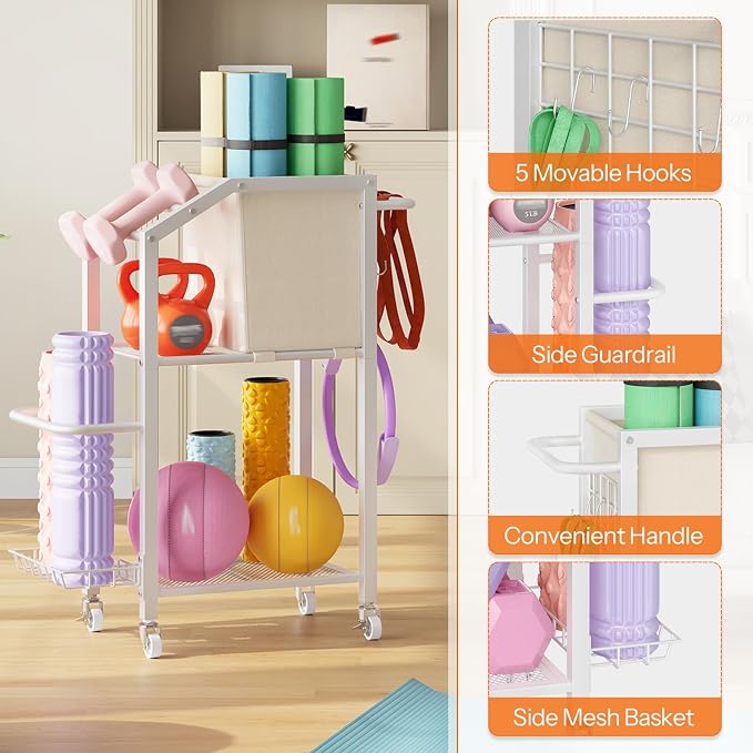 HOOBRO Dumbbell Rack, Weight Rack for Dumbbells, Yoga Mat Storage Rack, Home Gym Storage Rack for Dumbbells Kettlebells Foam Roller, Workout Storage Organizer with Wheels & Hooks
