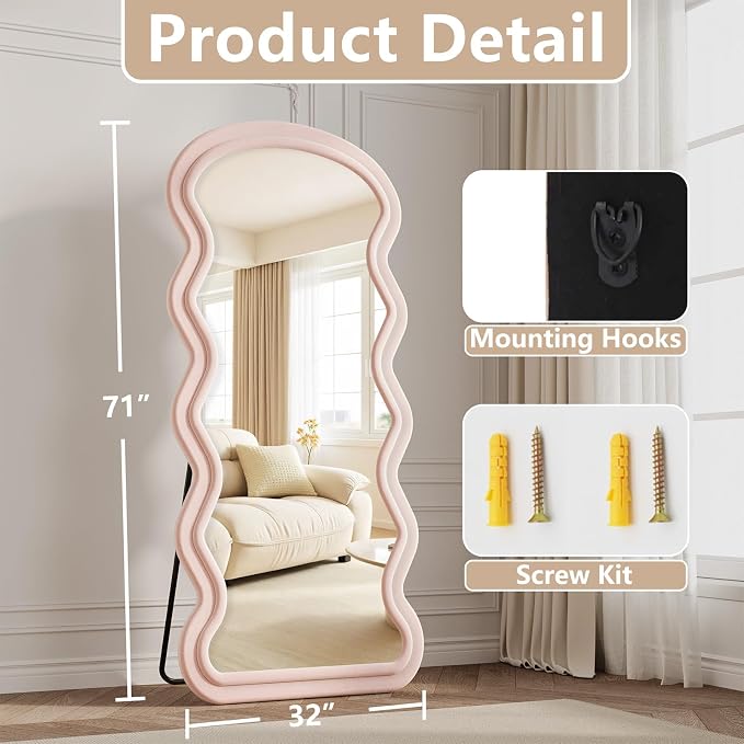 Full Length Mirror, 71"x32" Wavy Full Body Mirror Flannel | Full Body Mirror with Stand, Flannel Floor Mirrror Bedroom and Living Room, Wall Mirror Hanging or Leaning, Pink