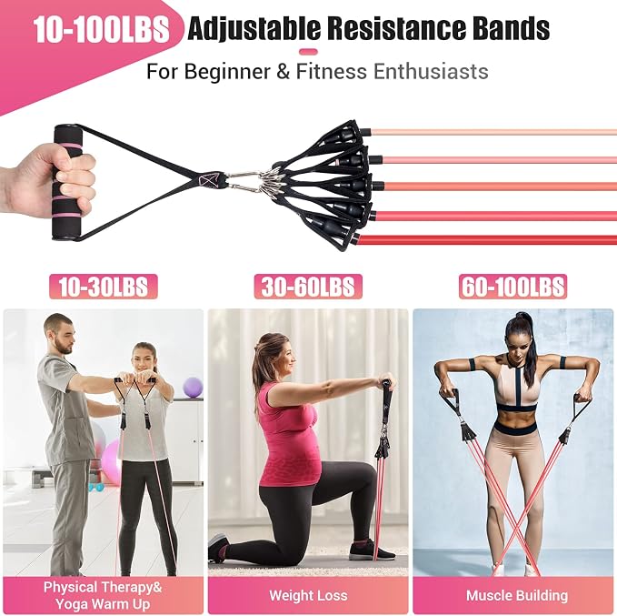 Resistance Bands with Handles for Women, 5 Level Exercise Bands | Workout Bands for Physical Therapy, Yoga, Pilates, Door Anchor, Storage Pouch, Training Poster