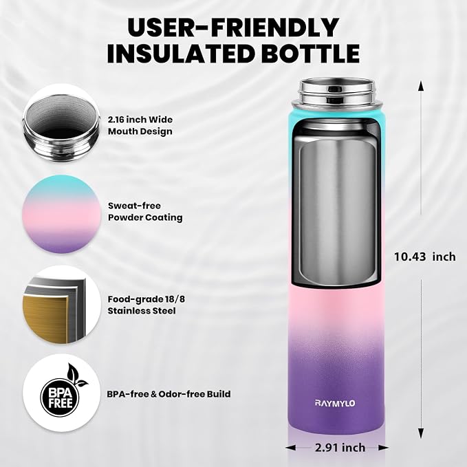 RAYMYLO Insulated Water Bottle 24 oz, Triple Wall Vacuum Stainless Steel | (Cold for 24Hrs, Hot for 12Hrs), Leak Proof & Non-BPA, Modern Water Flask Jug with Paracord Handle & Straw Spout Lids