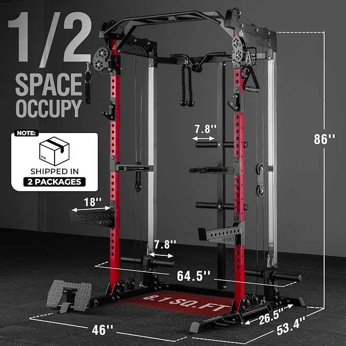 Mikolo Power Cage, 2000LB Power Rack with Independent Dual Pulley System, Multi-Function Home Gym Workout Machine for Cable Crossover and Squat