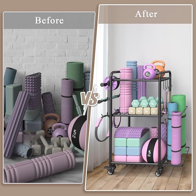 Multi-Functional Home Gym Storage Rack with Wheels and Hooks | Gym Equipment Storage for Dumbbells Kettlebells Yoga Mat, All-in-One, Space Saving, Easy to Assemble