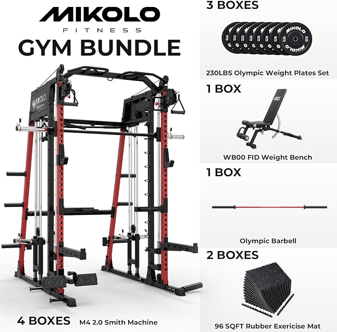 Mikolo M4 2.0 Smith Machine, 2200lbs Squat Rack with LAT-Pull Down System & Cable Crossover Machine, Training Equipment with Leg Hold-Down Attachment