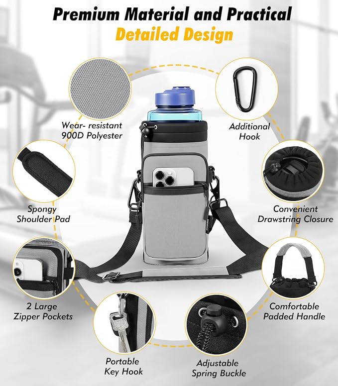 Nuovoware Magnetic Gym Bag, 40oz, Water Bottle Carrier Holder, Gray | Adjustable Shoulder Strap, Magnets Magnetic Gym Bag, Bottle Pouch Sling, 2 Pocket, Neoprene Organizer Sleeve