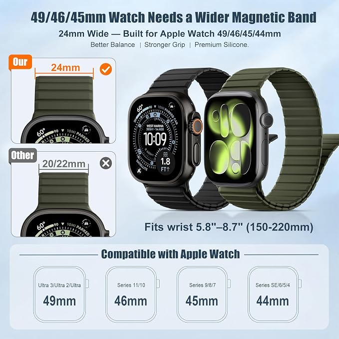 Magnetic Sport Silicone for Apple Watch Ultra 3 2 Band 49mm 46 45 44mm Men | Upgraded Magnet,Two-Tone Design,Waterproof,Soft Loop Strap for iWatch Ultra 3/2 Series 11 10 9 8 7 6 5 4 SE 46mm 45mm 44 49