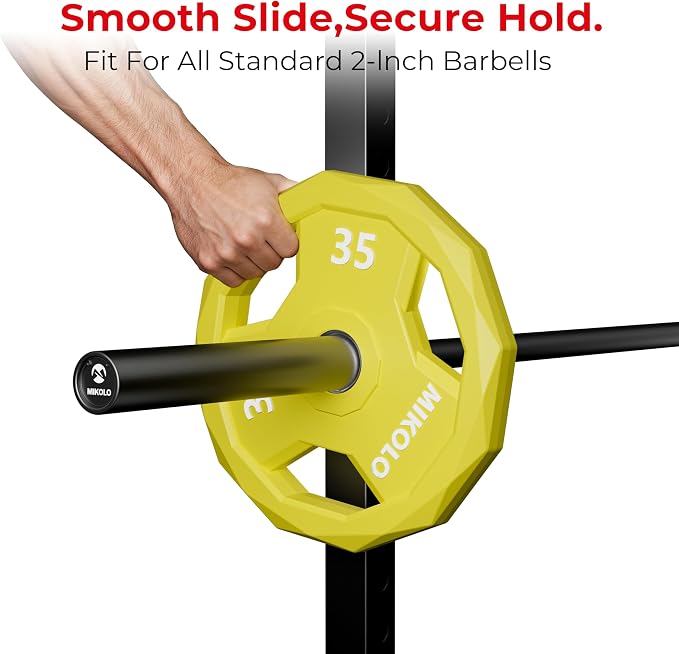 Mikolo Olympic Weights Set 2-Inch Rubber Coated Plates, 12-Sided Non-Roll Weight Plates Grip with 3 Handles for Home Gym, Strength Training, Single, Pair and Sets(5/10/15/25/35/45 LB)