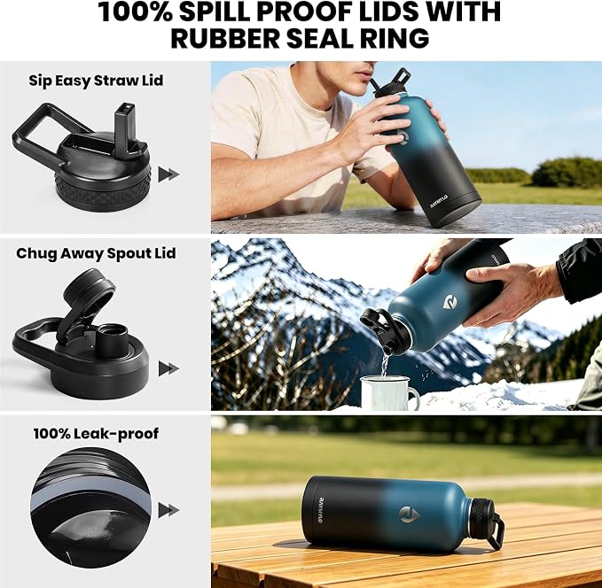 RAYMYLO Insulated Water Bottle 87 oz, Triple Wall Vacuum Stainless Steel (Cold for 48 Hrs), Leak Proof & Non-BPA, Modern Water Flask Jug with Paracord Handle & Straw Spout Lids, Indigo/Black | Cold for 48 Hrs), Leak Proof & Non-BPA, Modern Water Flask ...