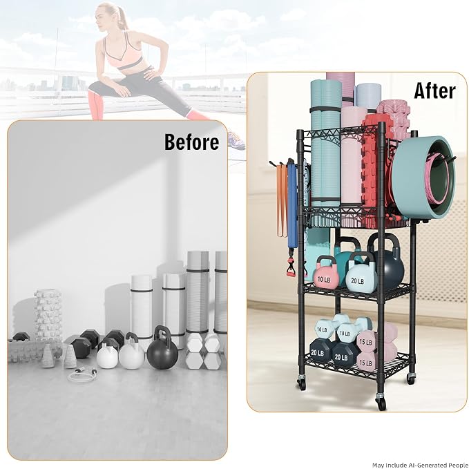 FUTASSI Home Gym Storage, 3 Tiers Workout Equipment Organizer with Wheels for Yoga Mats, Foam Roller, Dumbbells, Kettlebells, and Resistance Bands