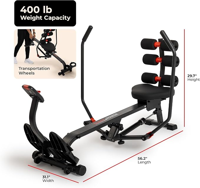 Sunny Health & Fitness Smart Full Motion Rower | 12 Resistance Levels, Dual-Arm Design, SunnyFit App Connectivity, 400 LB Capacity, Optional Back-Assist Core Trainer