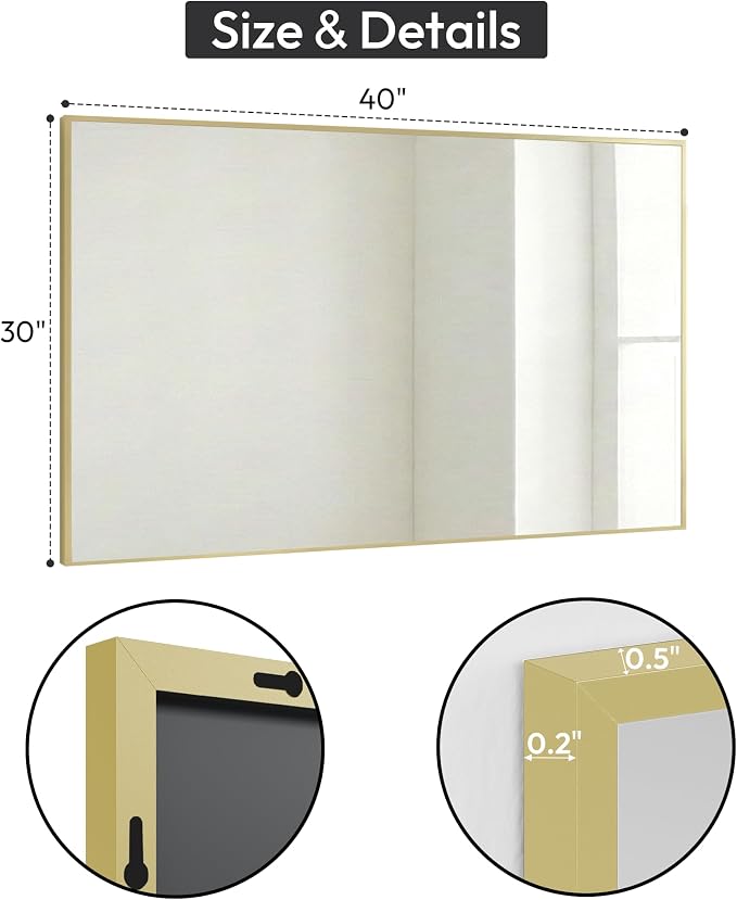30" x 40" Gold Wall Mirror, 40" x 30" Metal Framed Accent Decor, Transitional Rectangular Mirror for Mantle & Bathroom Vanity