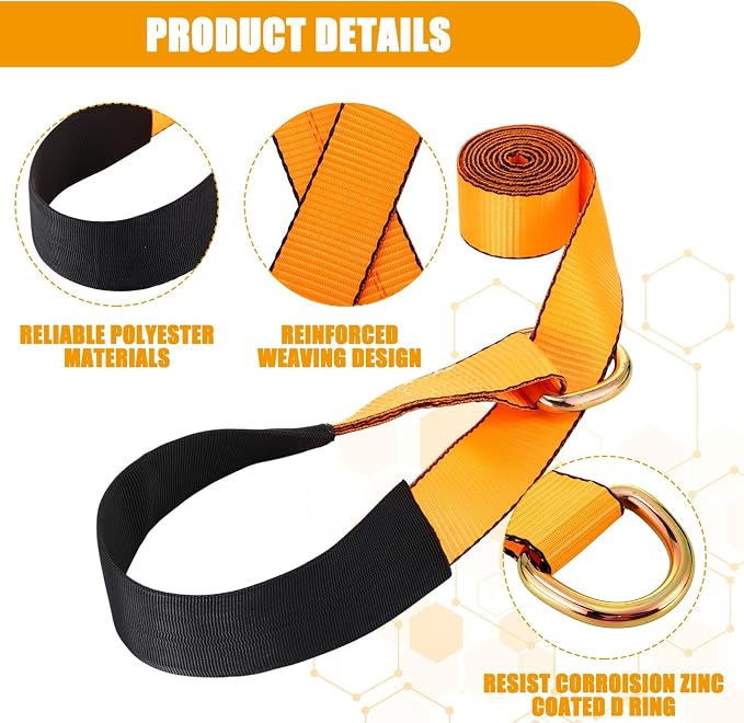 8 Pack Lasso Tow Truck Straps with D Ring 11, 000 Lbs Break Strength D Ring Auto Tie Down Wheel Lift Trailer Strap for Hauling Utv SUV Wrecker Rollback (2" X 8ft,Orange)
