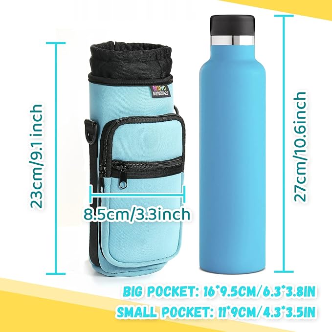 Nuovoware Water Bottle Carrier Bag, 25oz/32oz, Dusty Blue | Adjustable Shoulder Hand Strap, 2 Pocket, Neoprene Sleeve, For Hiking Travelling Camping