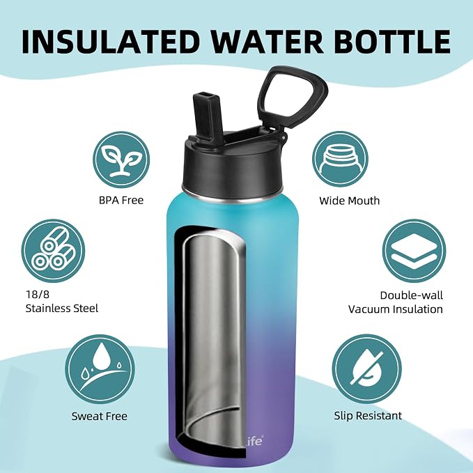 Insulated Water Bottle With Straw, 32 oz Vacuum Insulated Stainless Steel Sports Water Flask, Keeps Cold and Hot, Metal Water Bottle Wide Mouth for Gym Travel Camping (Blue & Purple)
