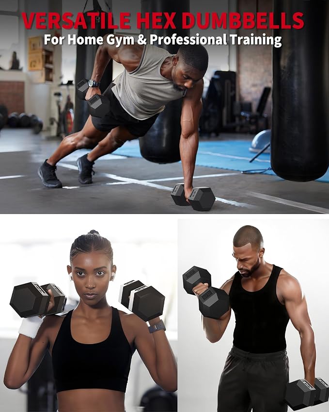Garvee 5-50 LB Hex Dumbbell Set of 2, Hand Weights Dumbbells Pair | With Cast Iron Core, Rubber Encased Coating and Textured Carbon Steel Handle for Home Gym Strength Training