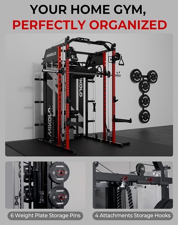 Mikolo Smith Machine with Weight Stack, Power Cage Home Gym System with LAT Pulldown & Cable Crossover, Multi-Functional Trainer with Dual Pulley System, Includes 10+ Free Attachments