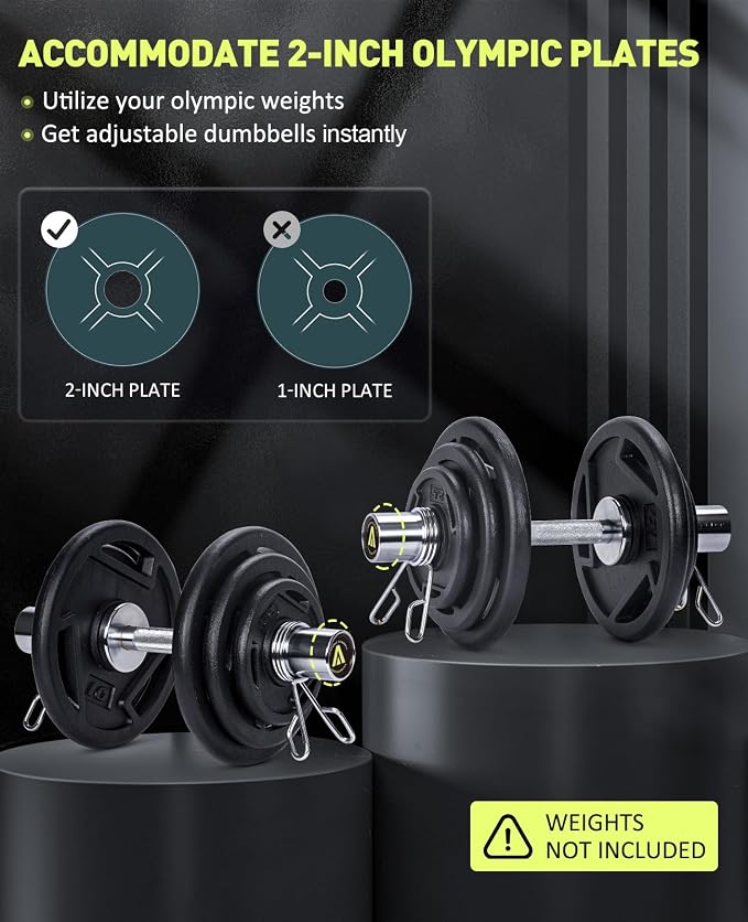 AboveGenius Pair of 16" Olympic Dumbbell Handles, Loadable Dumbbell Bars for 2-inch Olympic Weight Plates Great for Home Gym Strength Training, Weight Bars with 2 Pair of Spring Collars | Solid Steel Loadable Weight Bars for 2-Inch Plates, Adjustable H...
