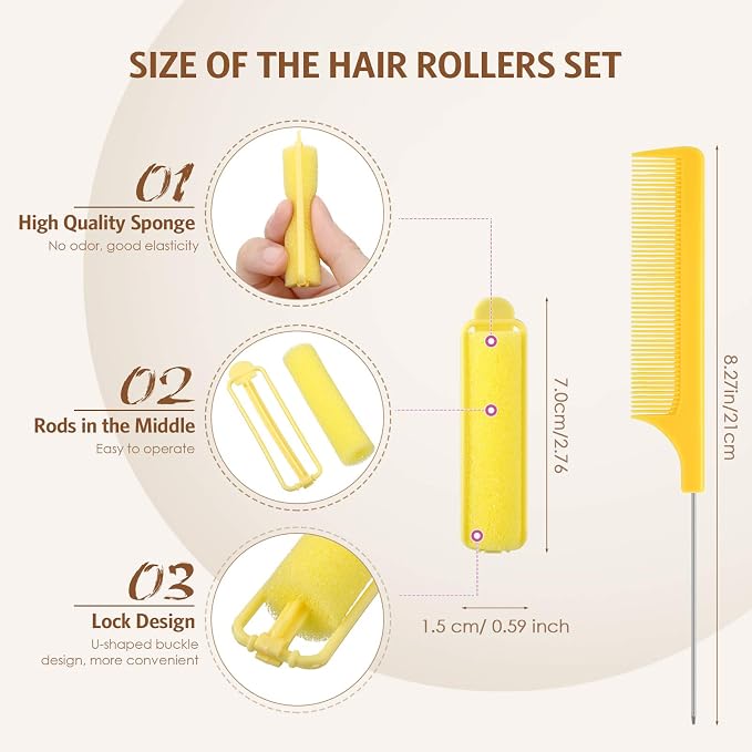 Syhood 43 Pcs Foam Sponge Hair Rollers Women 0.59 Inch Soft Sleeping Curlers Flexible Sponge Curler Tool and Rat Tail Comb for Hair Styling Hairdressing Overnight Curl and Volume(Yellow)