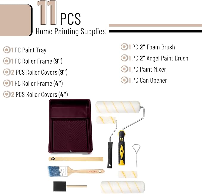 Bates- Paint Tray Set, Paint Roller Kit, 11 pcs, 9" & 4" Rollers, Small Paint Roller, Tray, 2" Angle Paintbrush, Foam Brush, Red Tray for House Painting Supplies