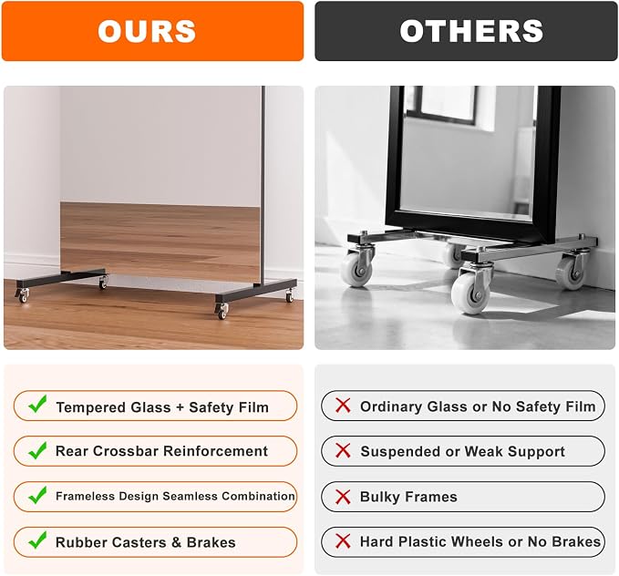 75" x 32" Full Length Floor Mirror, Lockable Wheels for Easy Moving & No Wobble, Shatter‑Resistant Glass for Worry‑Free Practice, Ideal for Home Dance, Yoga & Gym, Black Metal Frame
