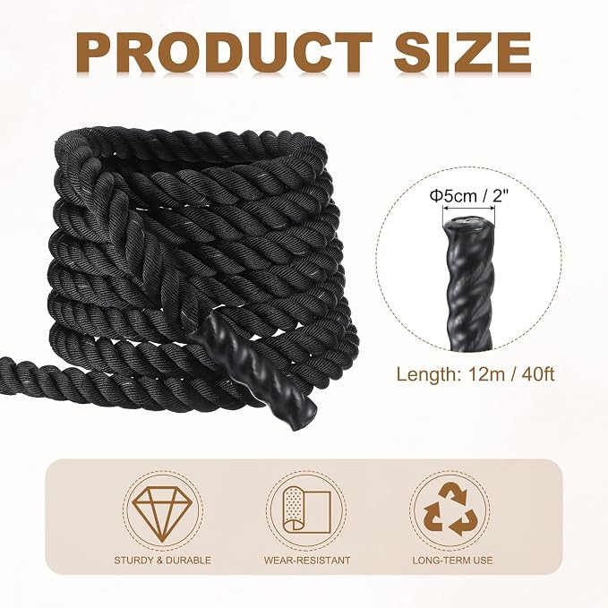 MECCANIXITY Battle Rope 10ft x 2 Inch Polyester Workout Rope Heavy Fitness Exercise Rope for Strength Training Home Gym Muscle Building, Black