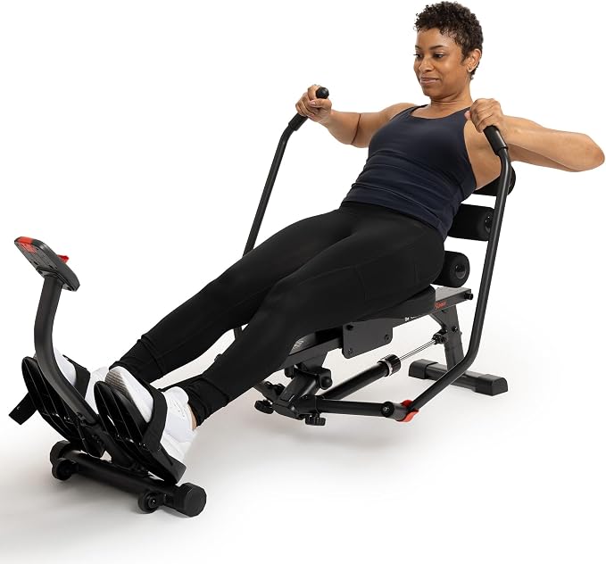 Sunny Health & Fitness Smart Full Motion Rower | 12 Resistance Levels, Dual-Arm Design, SunnyFit App Connectivity, 400 LB Capacity, Optional Back-Assist Core Trainer