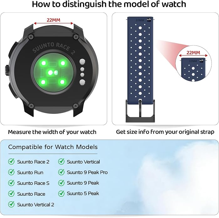Watch Band for Suunto Race 2/Vertical 2/Run/S/9 Peak/Pro/5 Peak | Soft Silicone 22mm Replacement Bands for Vertical/Race/9 Peak Pro