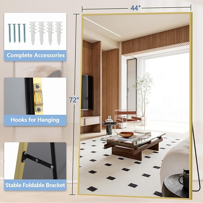 MirrMuse Large Mirror Full Length 72"X44",Oversized Floor Mirror with Stand | Gold Aluminum Alloy Frame, Free Standing, for Gym Bedroom Living Room, Hanging or Leaning, Shatterproof Tempered Glass
