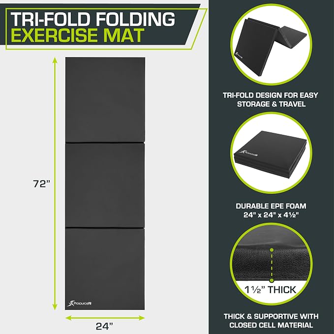 ProsourceFit Tri-Fold Folding Thick Exercise Mat 6’x2’ with Carrying Handles for MMA, Gymnastics, Stretching, Core Workouts
