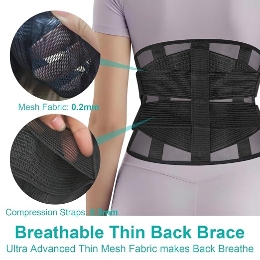 Back Brace for Lower Back Pain, Ultra-Thin High-Waist Lumbar Support Belt | Breathable mesh, adjustable compression, comfortable waist and back support, discreet under clothes for work and daily wear.